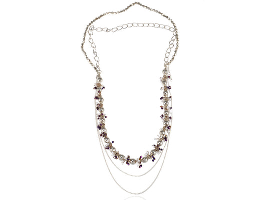 Silver Purple Pearl Beaded Chain Multilayer Party Choker Necklace