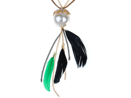 Green Black Feathers Pearl Bead Chained Long Dangle Necklace