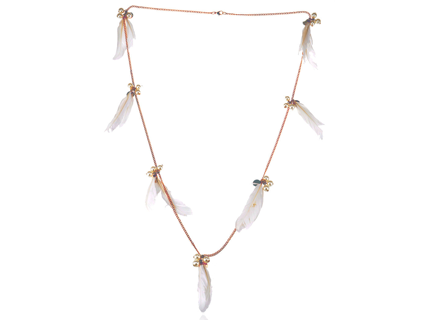 Fun Able White Feather Pearl Beaded Dangle Necklace
