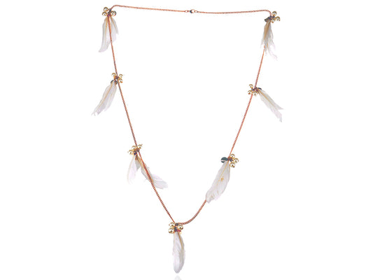 Fun Able White Feather Pearl Beaded Dangle Necklace