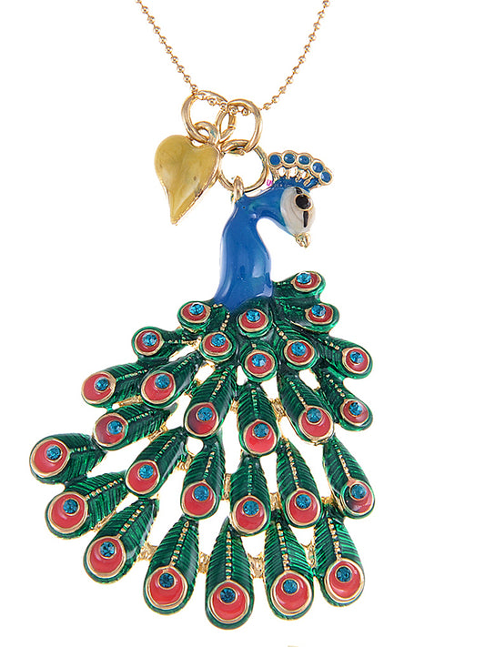 Enamel Hand Painted Peacock Bird Necklace Pendant