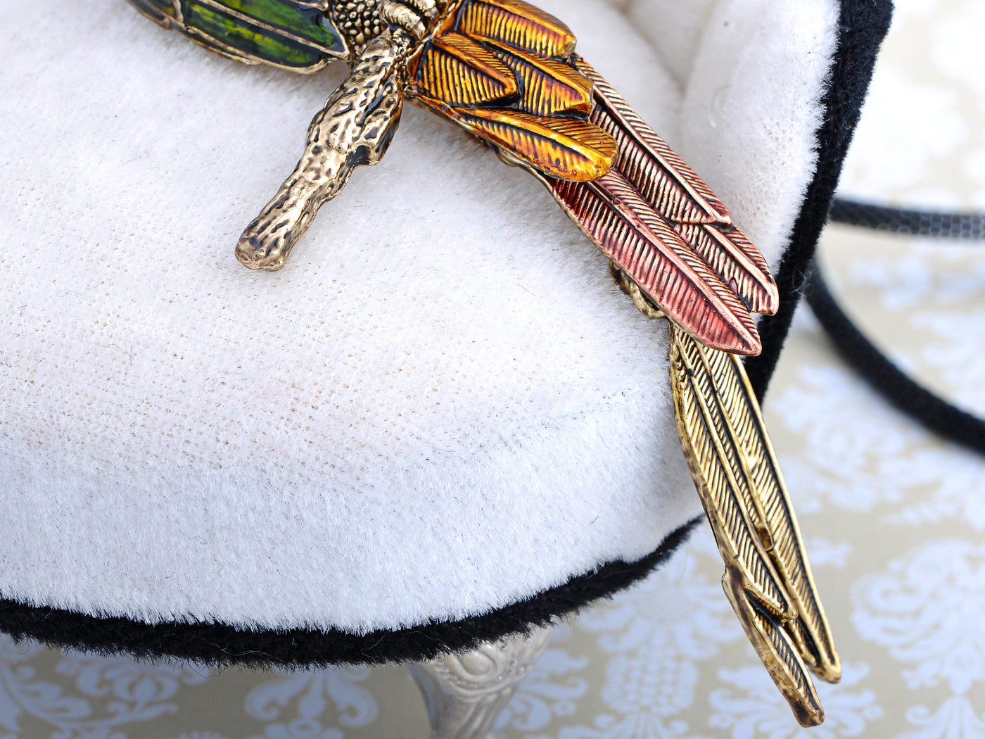 Antique Multicolored Tropical Parrot Bird Pendant Rope Necklace