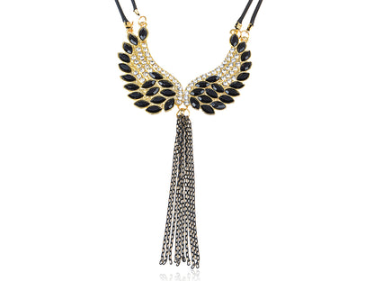 Jet Black Coloured Open Flight Feather Double Wings Bird Hanging Necklace