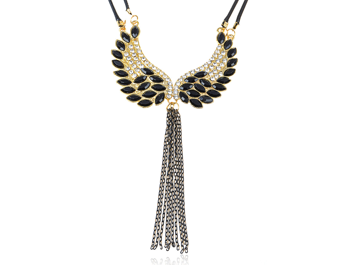 Jet Black Coloured Open Flight Feather Double Wings Bird Hanging Necklace