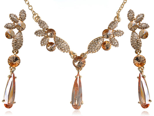 Topaz Coloured Tear Drop Precious Organic Element Earring Necklace Set