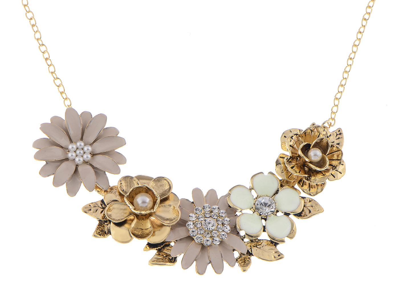 Flower Pearl Statement Bib Necklace With Gray Yellow Enamel