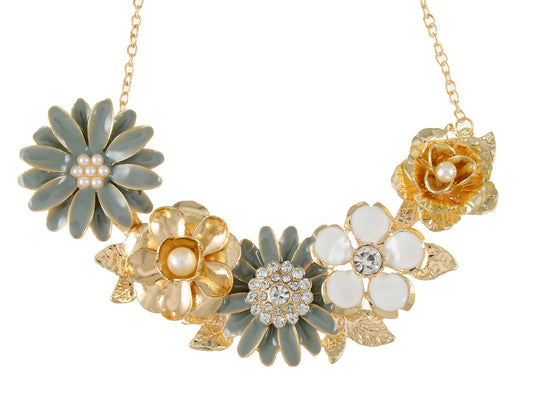 Flower Pearl Statement Bib Necklace With Gray Yellow Enamel