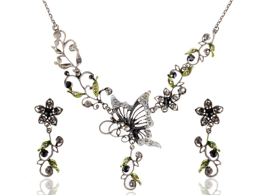 Periodot Grey Butterfly Nature Gun Esque Necklace Earring Set