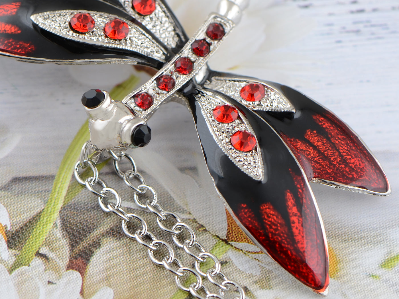 Splendid Red Enamel Ruby Dragonfly Necklace Pendant