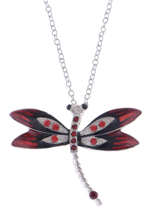 Splendid Red Enamel Ruby Dragonfly Necklace Pendant