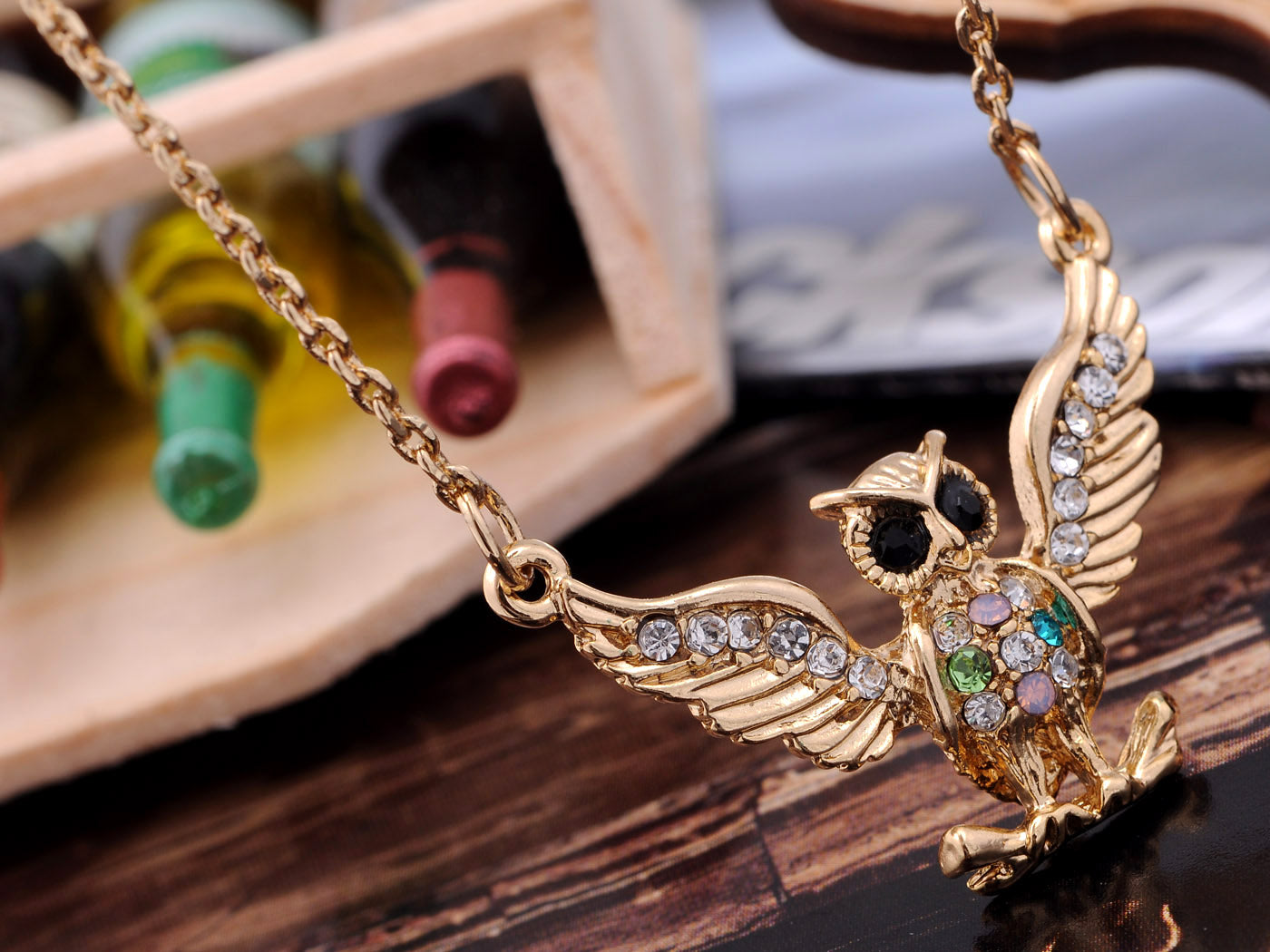 Multi Color Encrusted Owl Pendant Chain Necklace