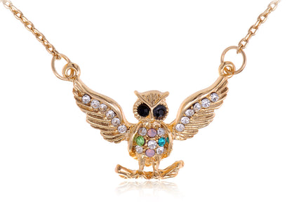 Multi Color Encrusted Owl Pendant Chain Necklace