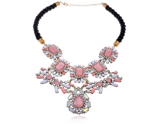 Pastel Pink White Bead Floral Statement Bib Necklace