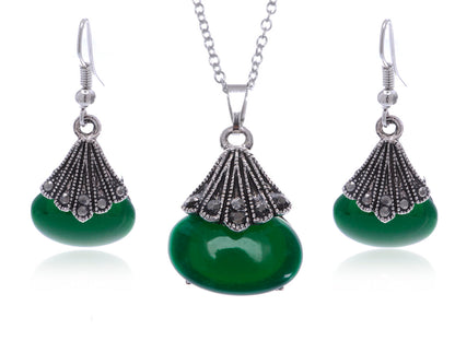 Dark Green Jade Asian Gray Necklace Earring Set