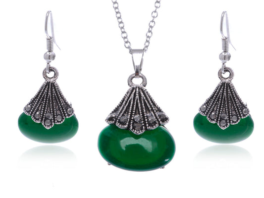 Dark Green Jade Asian Gray Necklace Earring Set