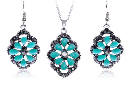 Flower Turquoise Gray Necklace Earring Set