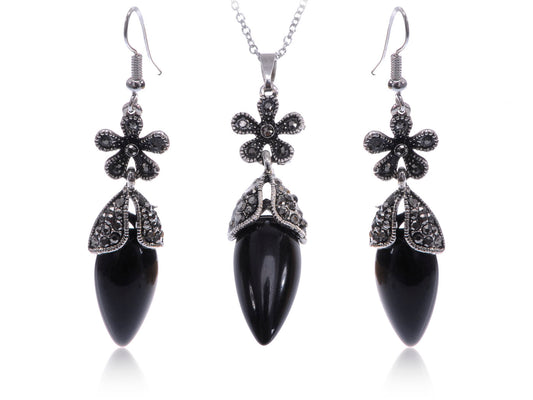 Black Gem Gun Flower Droplet Necklace Earring Set