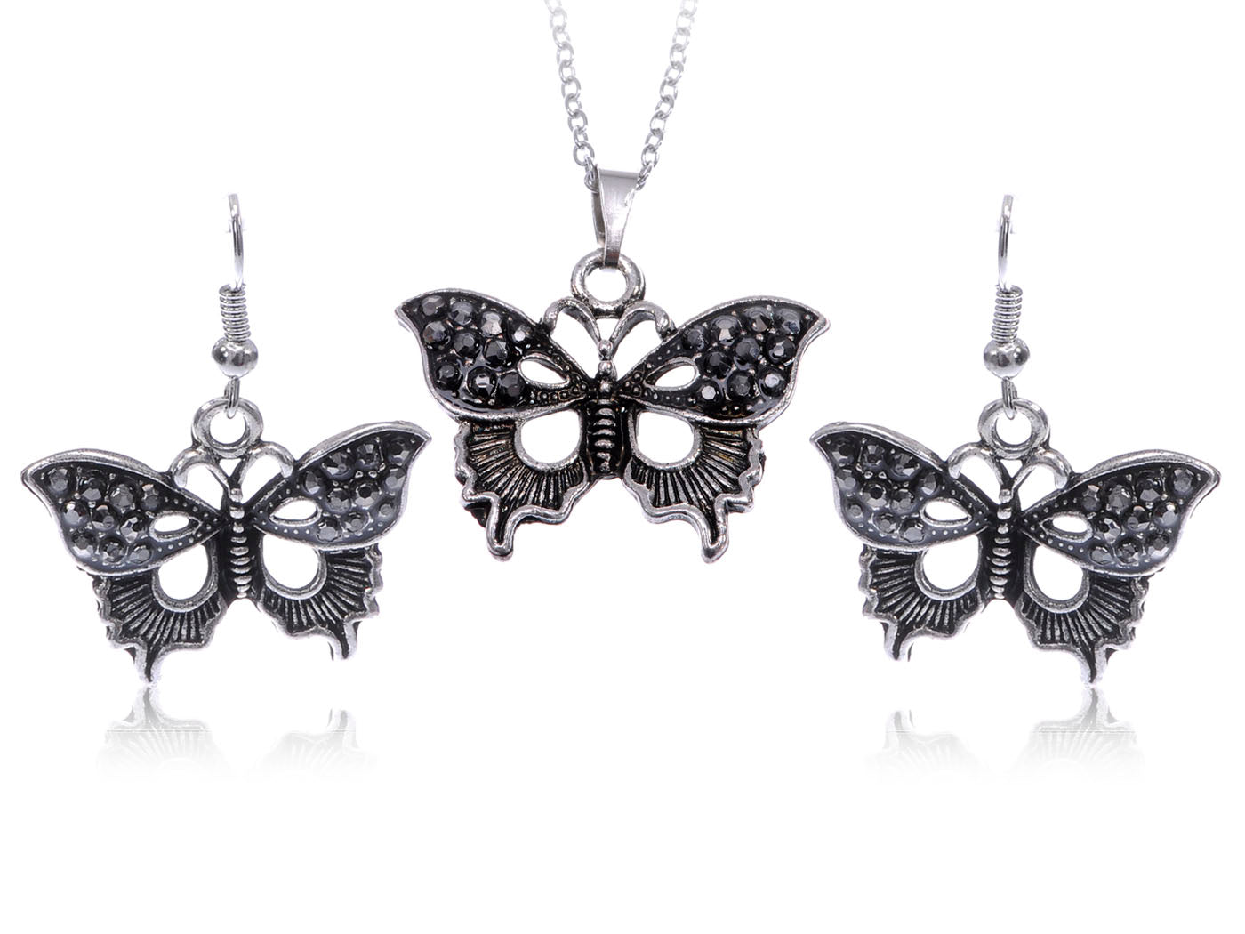 Gun Texture Wings Butterfly Necklace Earring Set