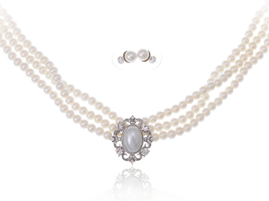 Formal White Pearl Three Layer Collar Necklace Earring Set