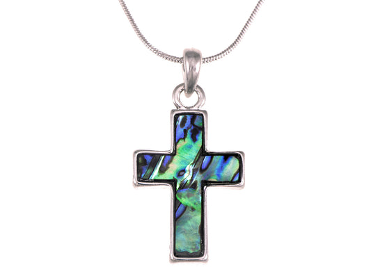 Silver Abalone Shell Holy Cross Pendant Necklace