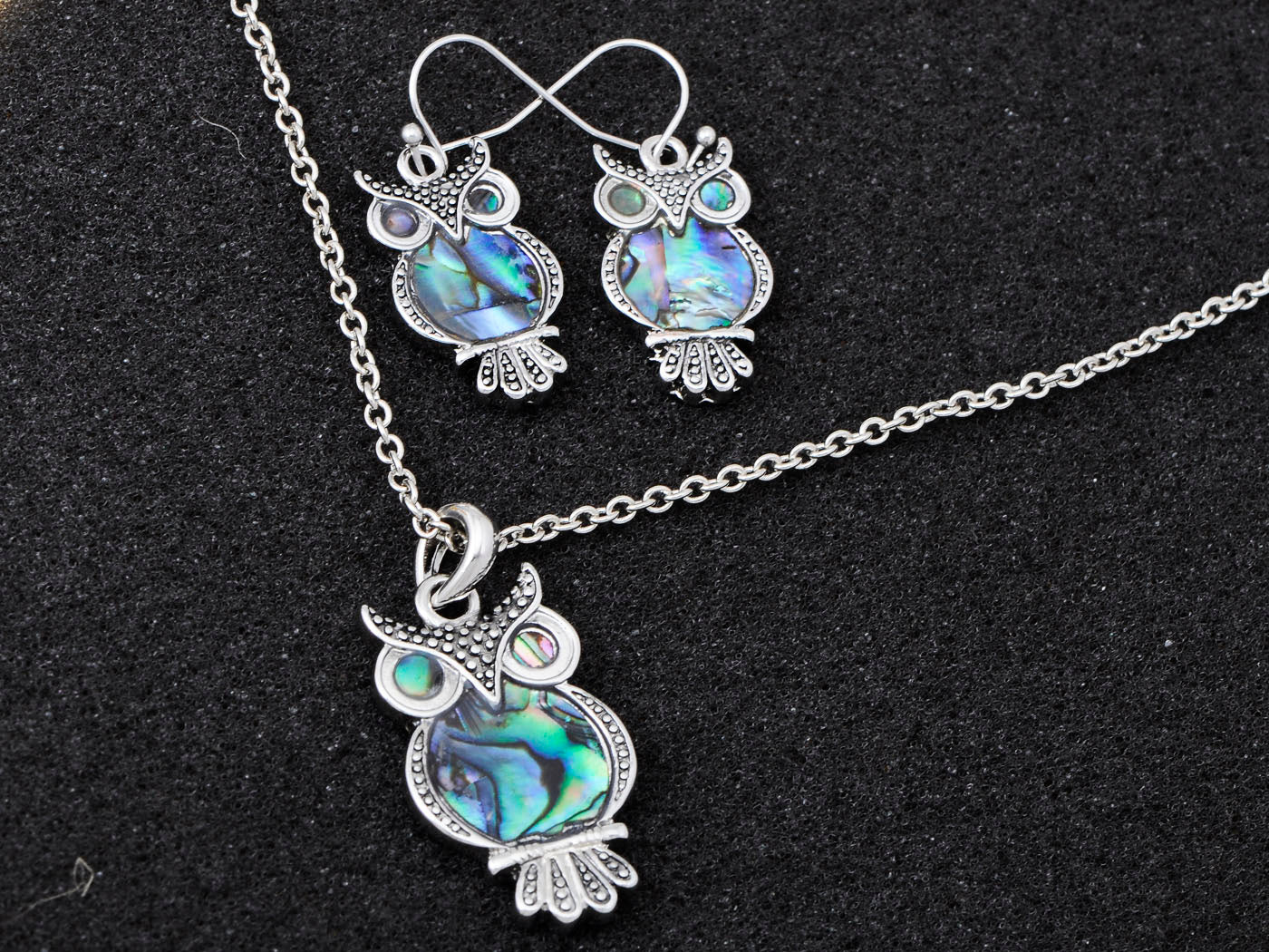 Abalone Colored Owl Bird Necklace Earrings Set