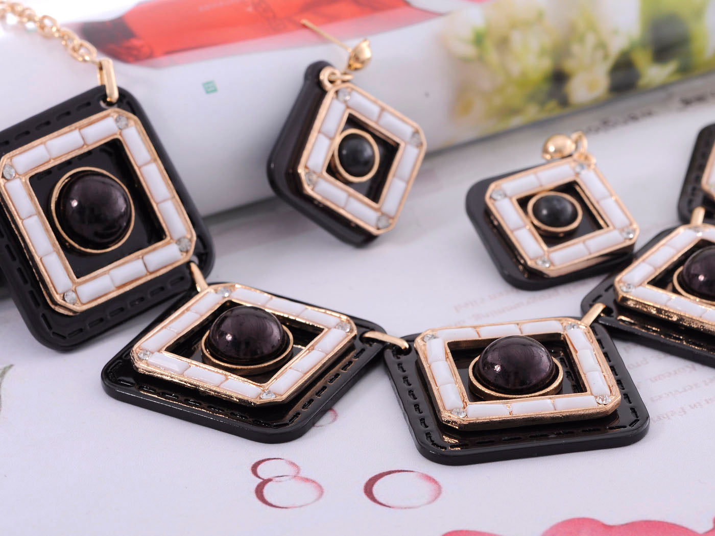 Retro Leather Square Black Gem Necklace Earring Set