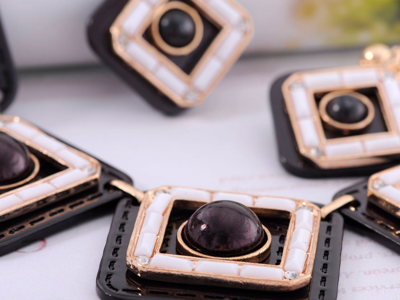 Retro Leather Square Black Gem Necklace Earring Set