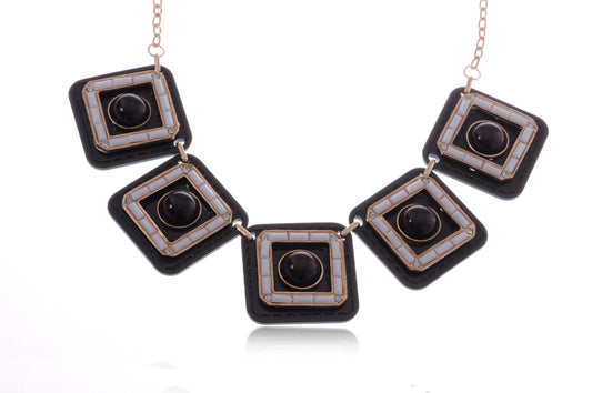 Retro Leather Square Black Gem Necklace Earring Set