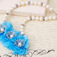 Three Blue Flower Pendant Accented Pearl Necklace