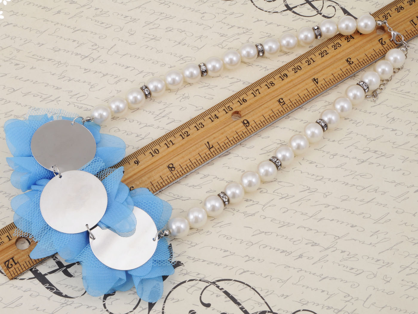 Three Blue Flower Pendant Accented Pearl Necklace