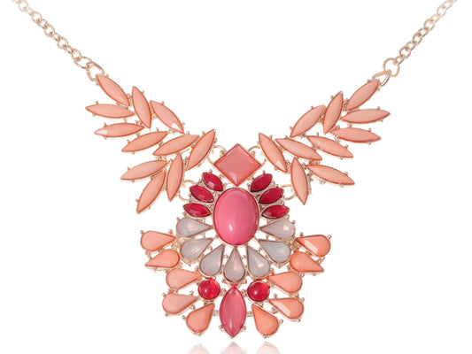 Beautiful Peach Red Pink Beaded Tribal Bib Pattern Necklace