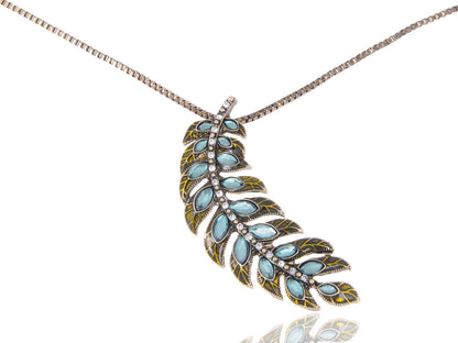 Mystic Feather Shape Blue Bead Leaf Branch Collar Necklace