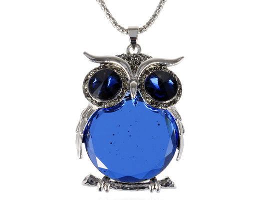 Sapphire Blue Colored Fat Owl Bird Pendant Necklace