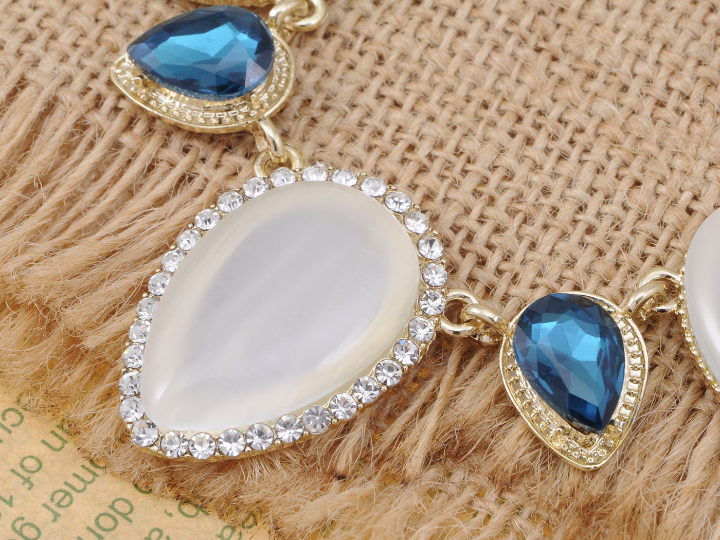 Gold Blue White Teardrop Gems Statement Necklace
