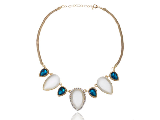 Gold Blue White Teardrop Gems Statement Necklace