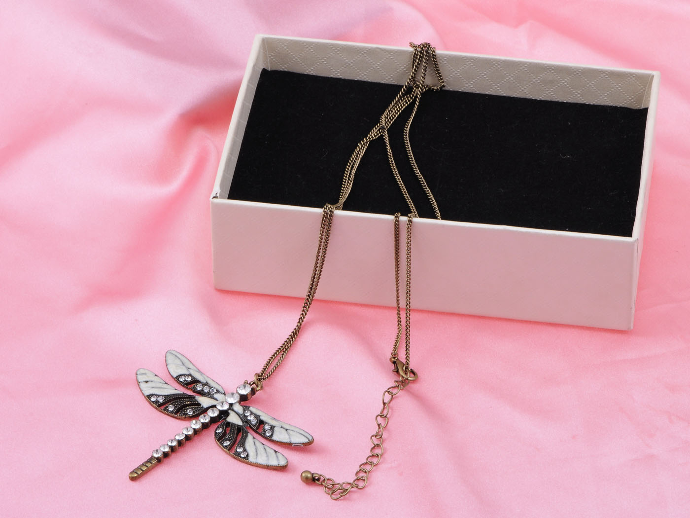 White Body Grey Black Enamel Wings Dragonfly Pendant Necklace