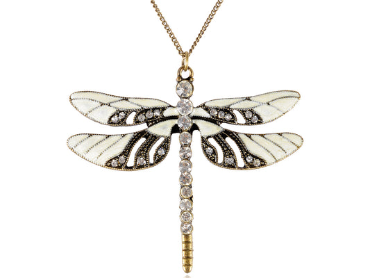 White Body Grey Black Enamel Wings Dragonfly Pendant Necklace