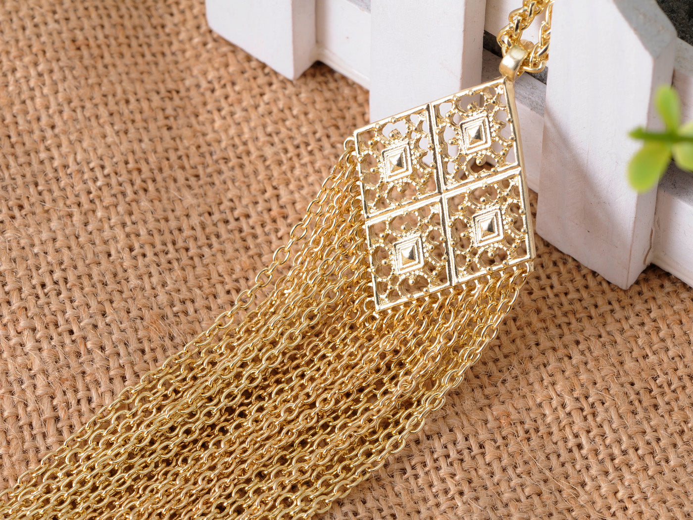 Contemporary Intricate Design Square Pendant Necklace