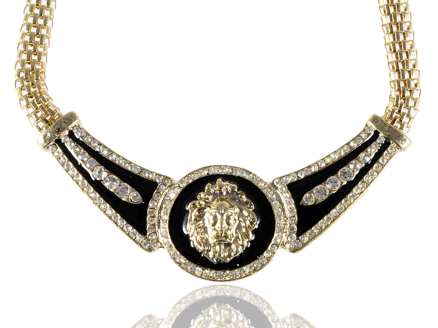 Royal Black Enamel Sculpted Lion Pendant Accented Necklace