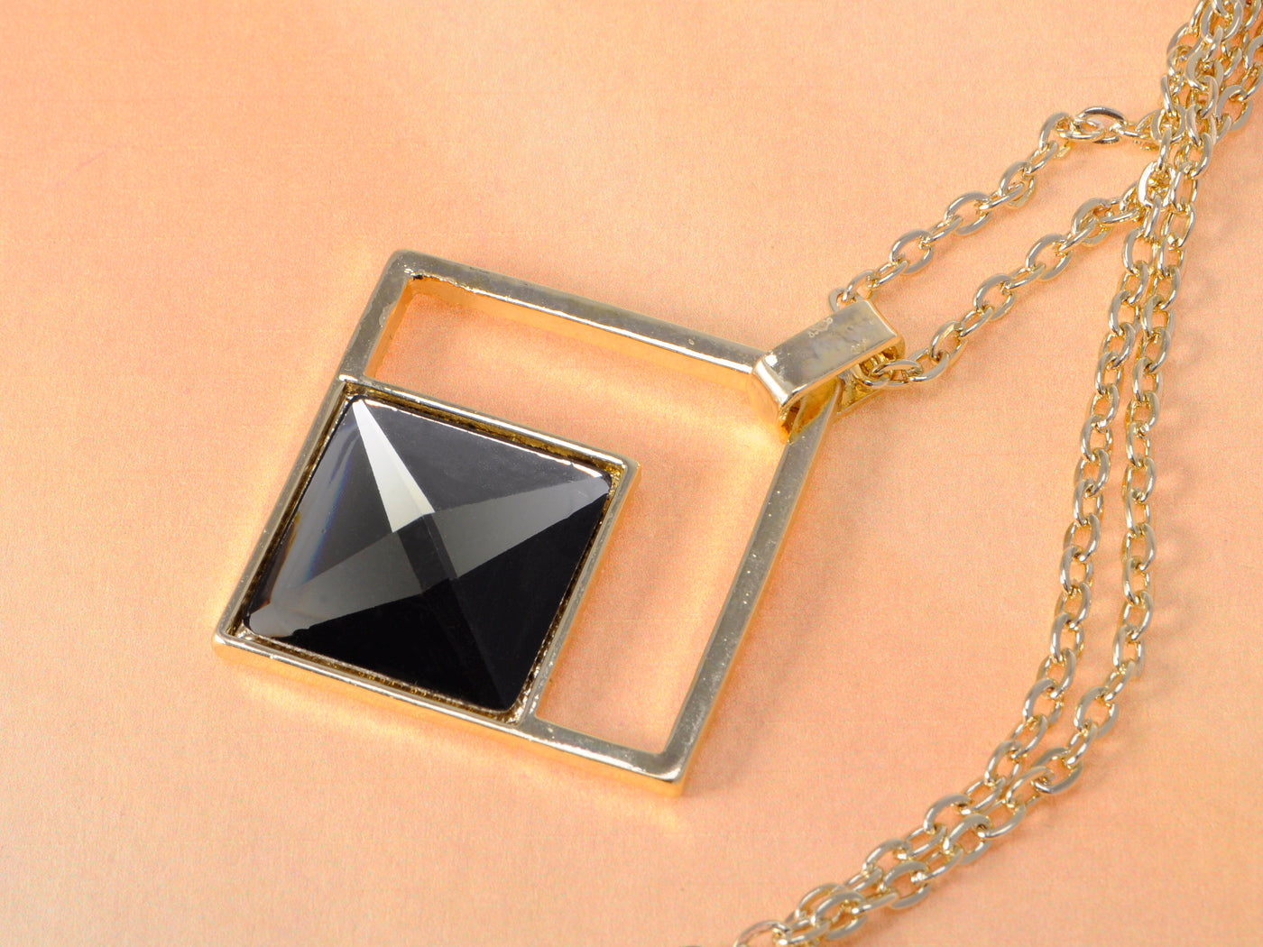 Contemporary Square Black Gems Embedded Pendant Necklace