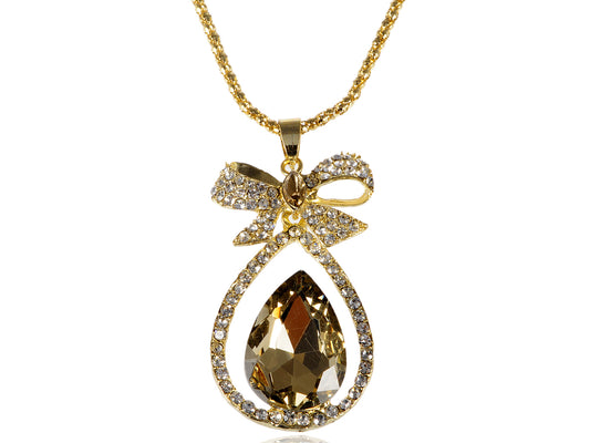 Single Teardrop Gems Accented Bow Pendant Necklace