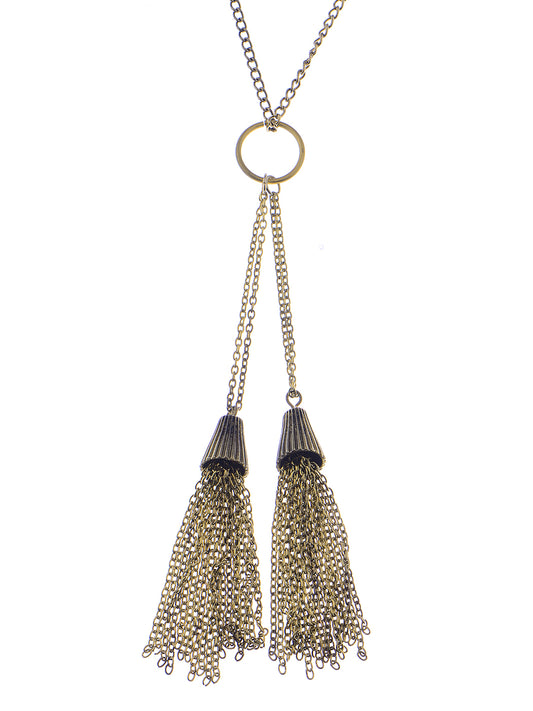 Boho Vintage Twin Tassel Drop Dangle Ring Chain Pendant Necklace