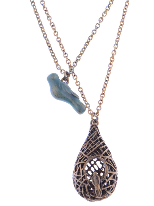 Gold Blue Bird Nest Hive Double Pendant Necklace