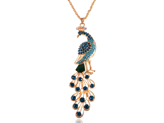 Blue Green Colored Peacock Bird Pendant Chain Necklace