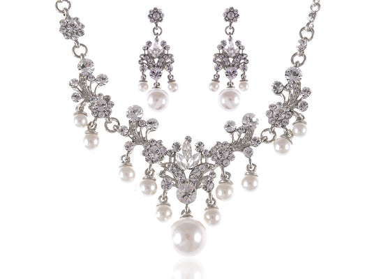 Bridal Wedding Silver Flower Pearl Necklace Earring Jewerly Set