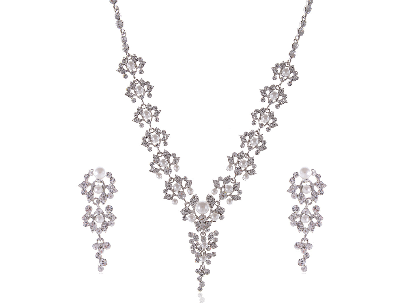 Silver Flower White Pearl Necklace Dangle Earrings Jewelry Set