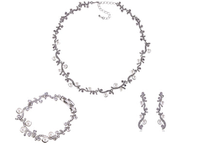 Silver S Shape Pearl Bead Necklace Bracelet Earrings Jewelry Set