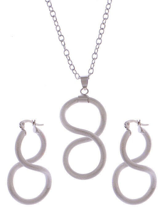 Silver Snake Scale Skin Twisting Infinity Necklace Pendant Earring Set