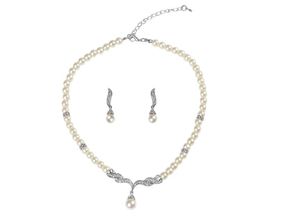 Women's Victorian Silver Ivory Pearl Bridal Necklace Earring Set