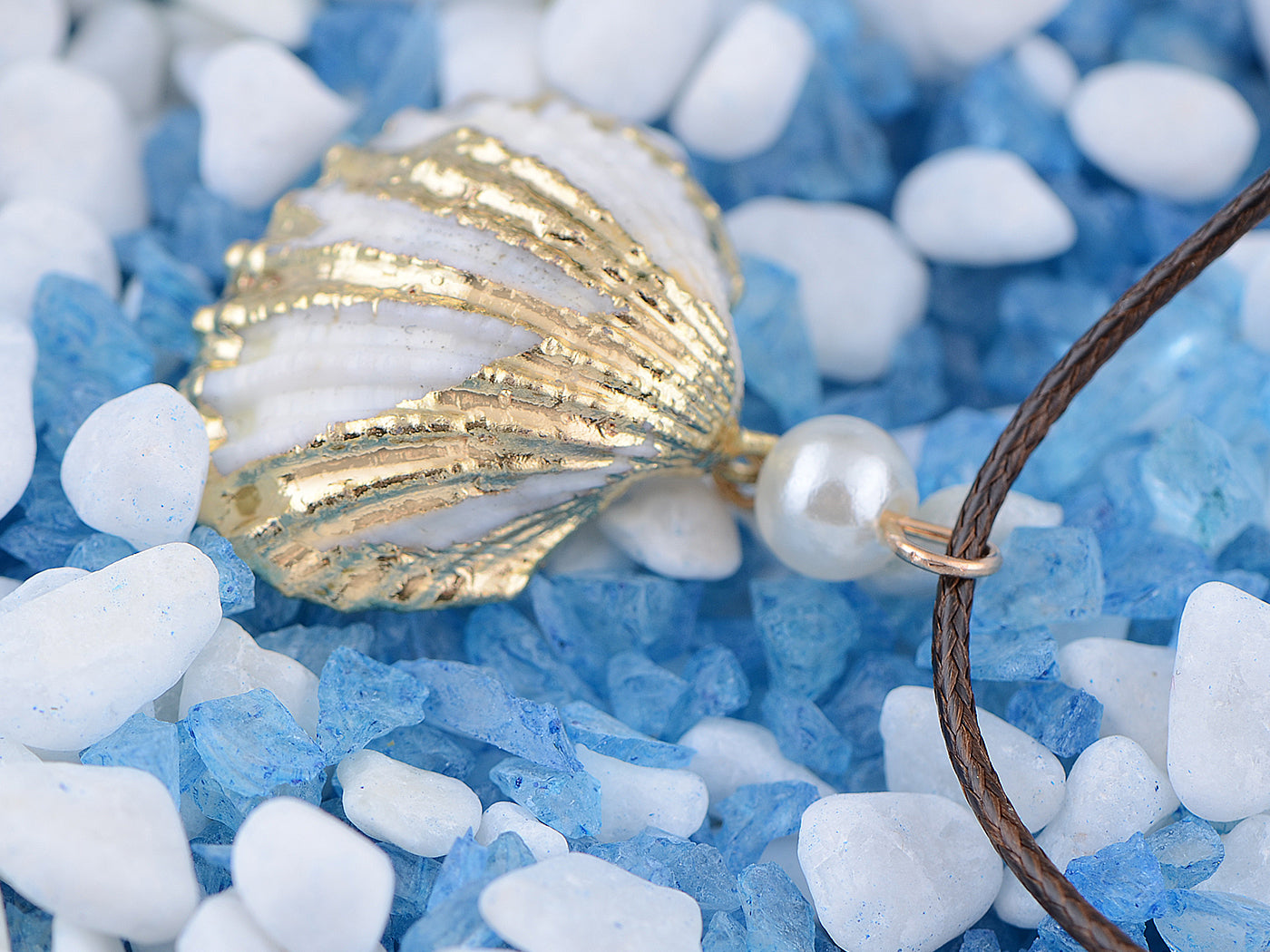 Gold Trim White Sea Shell Drop Pearl Pendant Boho Witch Mermaid Beach Necklace